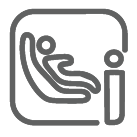 Icône représentant un enfant assis dans un siège auto orienté vers l’avant avec la lettre « i » indiquant la certification i-Size.