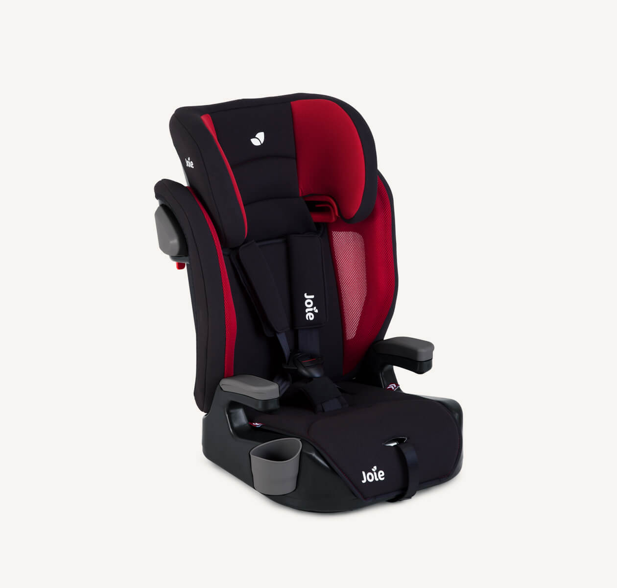 Joie Elevate booster car seat with 5-point harness in a two tone gray colour, at an angle facing to the right.