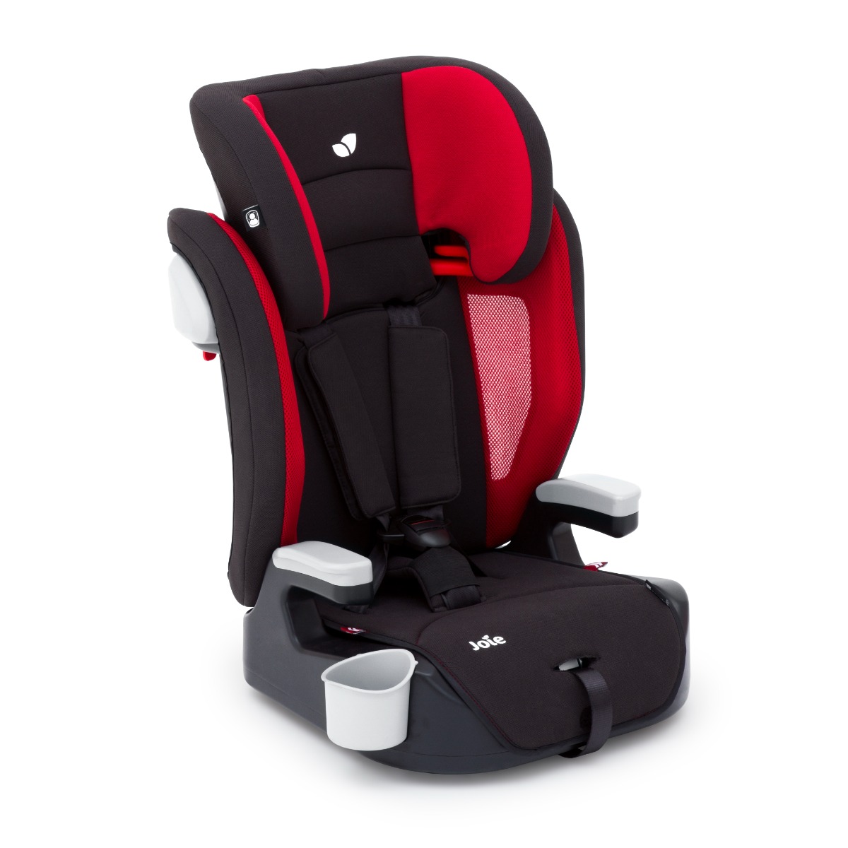 Joie Elevate booster car seat with 5-point harness in a black and red two tone colour, at an angle facing to the right.