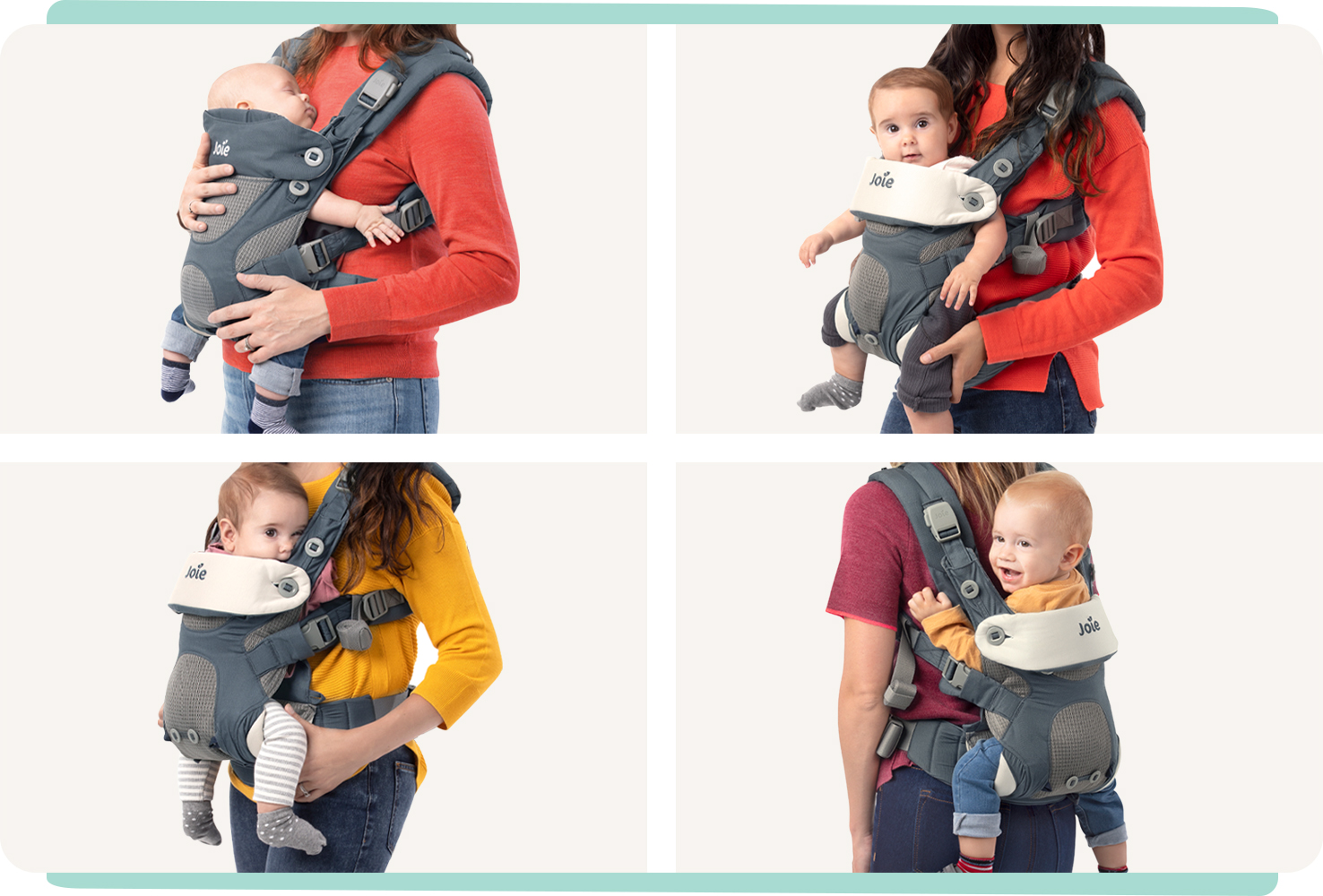   4 imágenes de mamás llevando a sus bebés en un portabebés azul Joie Savvy 4in1. Arriba a la izquierda: modo para bebés pequeños. Abajo a la izquierda: modo orientado a los padres. Arriba a la derecha: modo orientado hacia fuera. Abajo a la derecha: modo