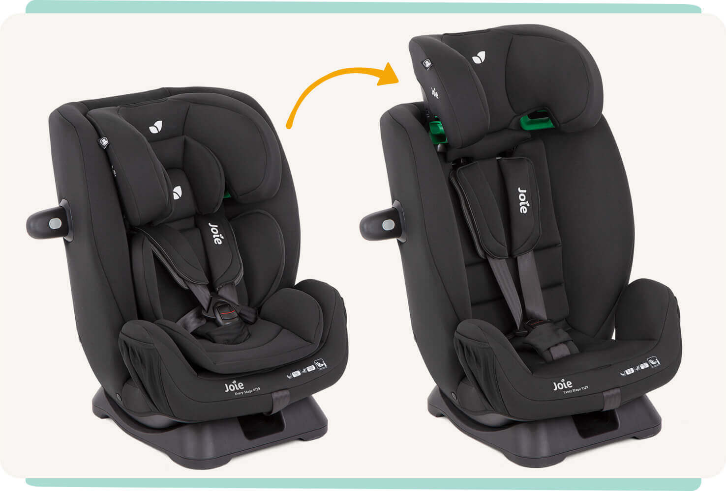2 black Joie Every Stage R129 car seats side by side with an orange arrow pointing from left to right. The lefthand seat has headrest down and 5-point harness, and the righthand seat has headrest raised and no harness.