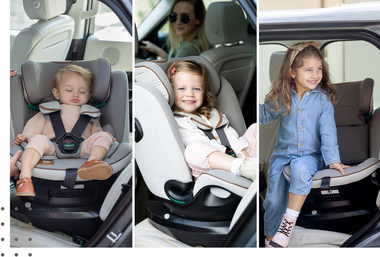 3 imágenes contiguas de niñas en la silla de coche i-Spin Grow: bebé, niña pequeña y niña más mayor.