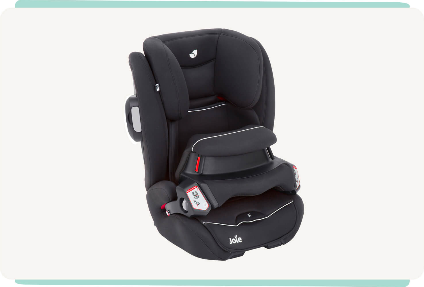   A black Transcend booster car seat facing at an angle toward the right.