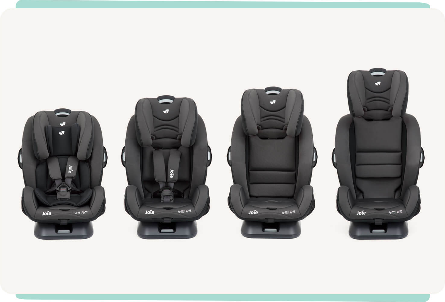  Four Joie verso booster car seats positioned next to each other, each displaying a different headrest position.