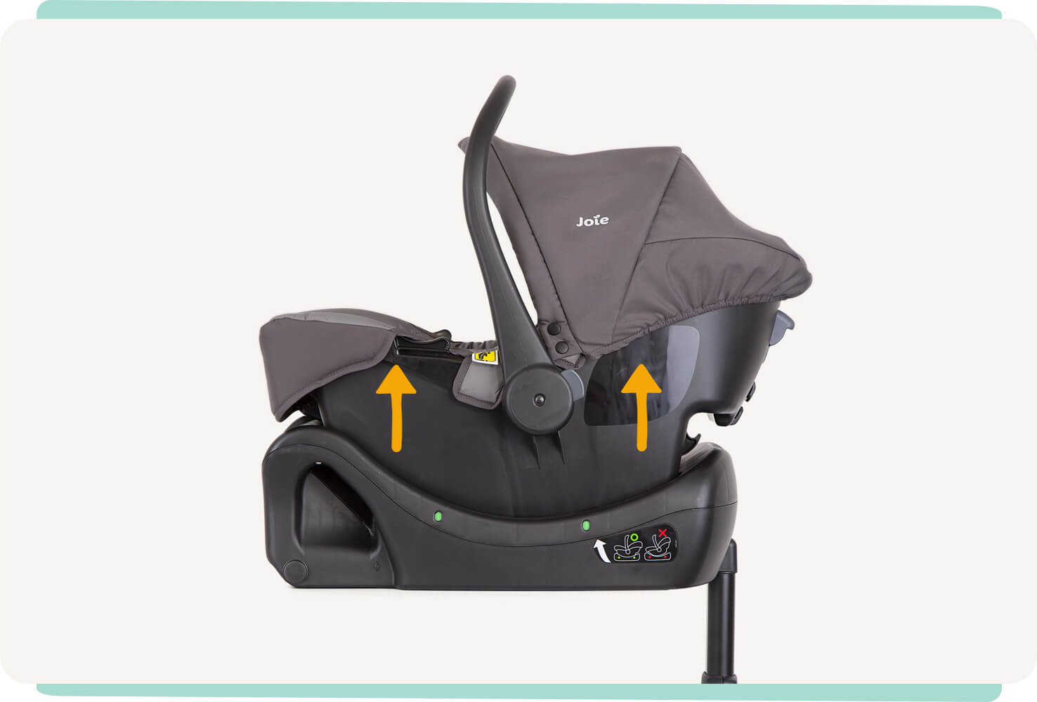 Socle pour siège auto enfant Joie clickFIT vue de profil, avec un siège auto pour bébé installé sur le socle. Deux flèches orange recouvrant le siège auto et pointant vers le haut.