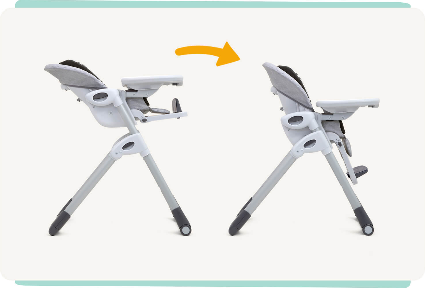 Deux chaises hautes Joie 2-en-1 Mimzy, coloris gris, côte à côte et de profil, montrant la hauteur maximale à gauche et la hauteur minimale à droite, avec une flèche orange entre les deux.