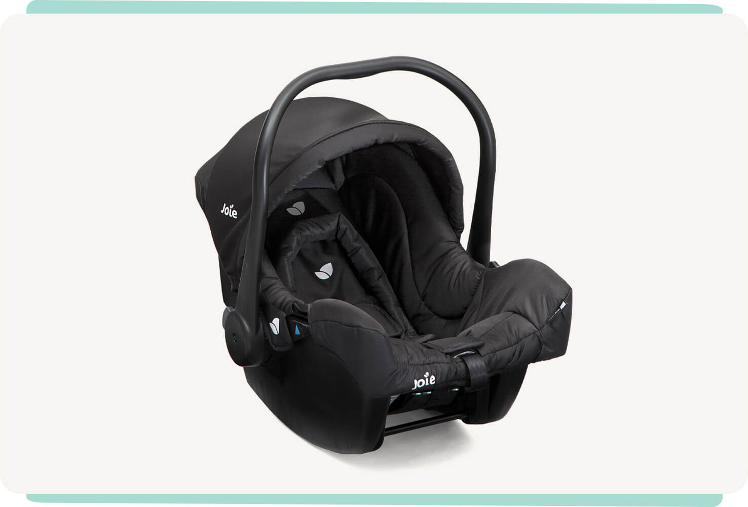  Joie juva infant car seat in black with canopy raised from a right angle.
