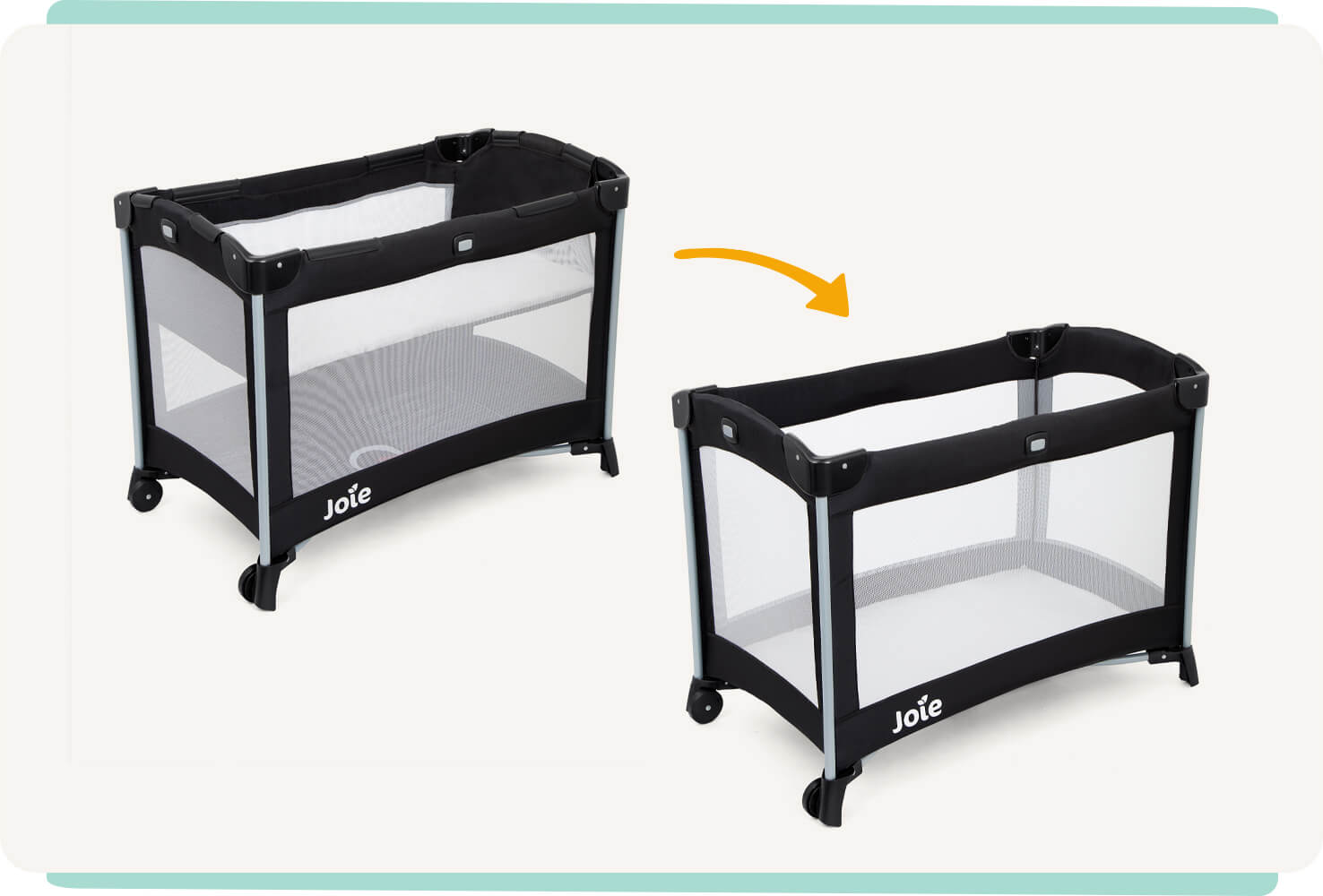 Two Joie Kubbie travel cots in black, one with bassinet and one without.
