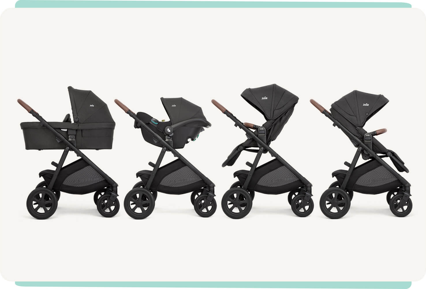 Joie alore stroller shown in all 4 modes 
