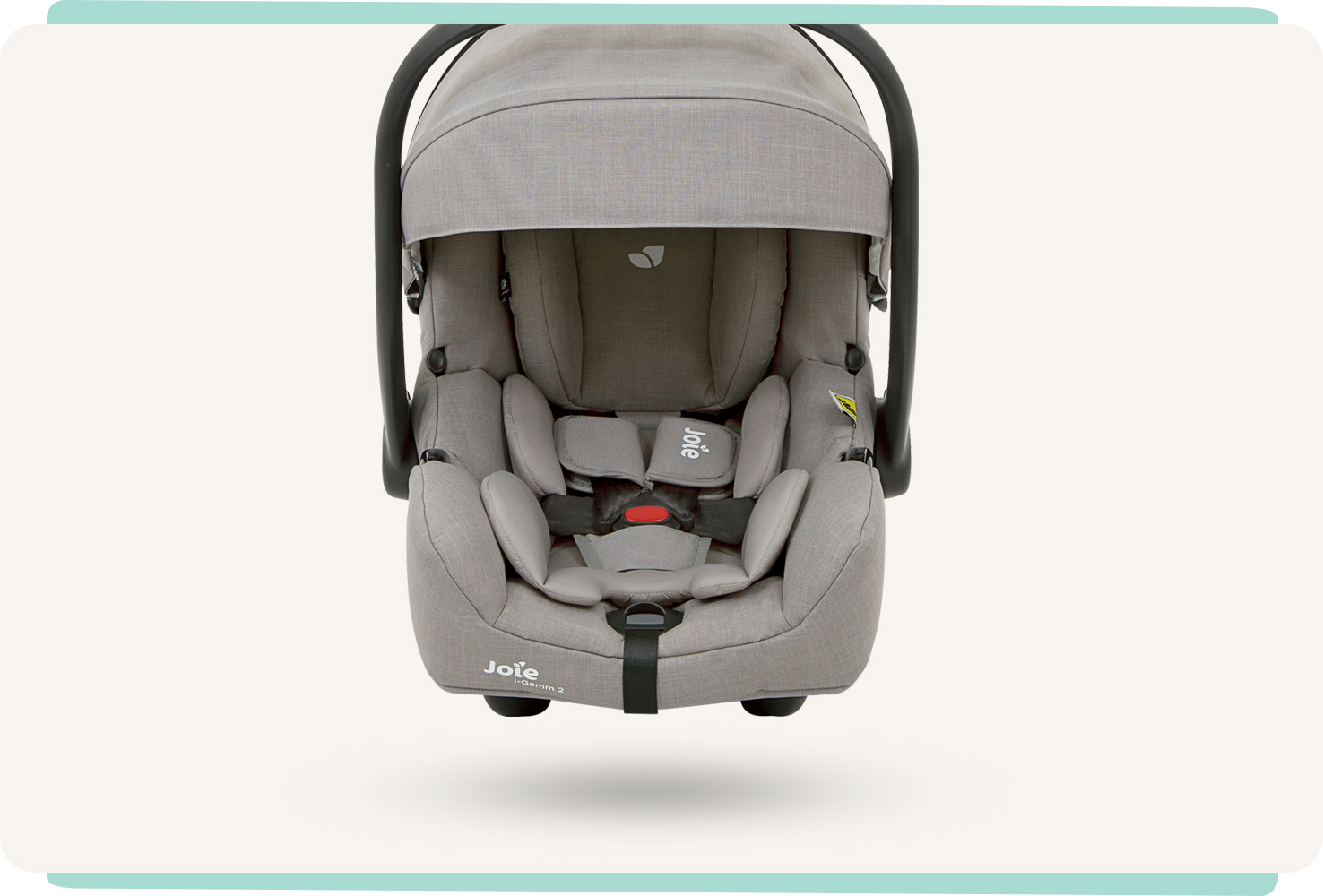 Gray Joie I-Gemm 2 infant car seat facing straight on with the canopy attached.