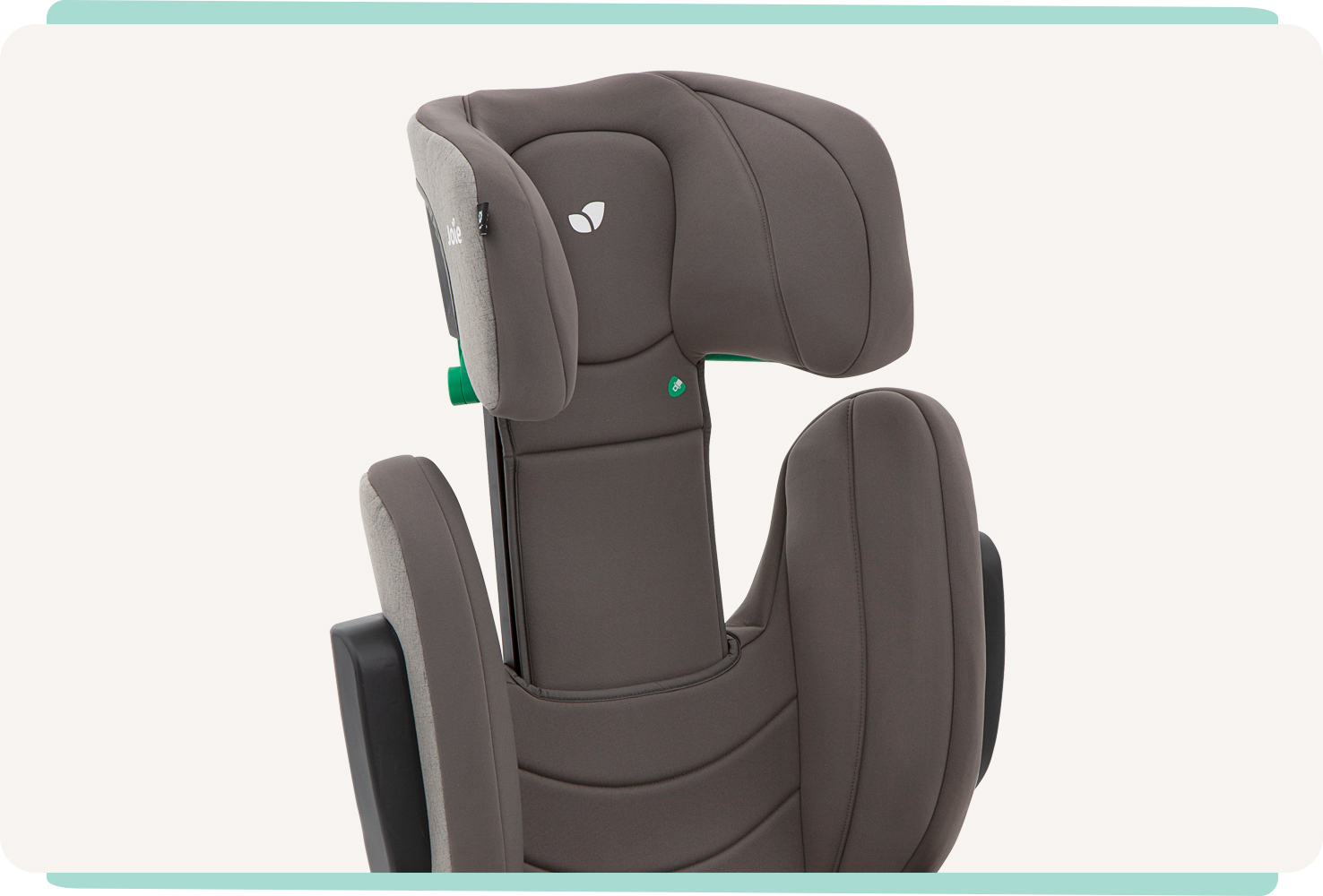  Closeup on a gray Joie I-Trillo LX booster seat with the headrest fully raised.