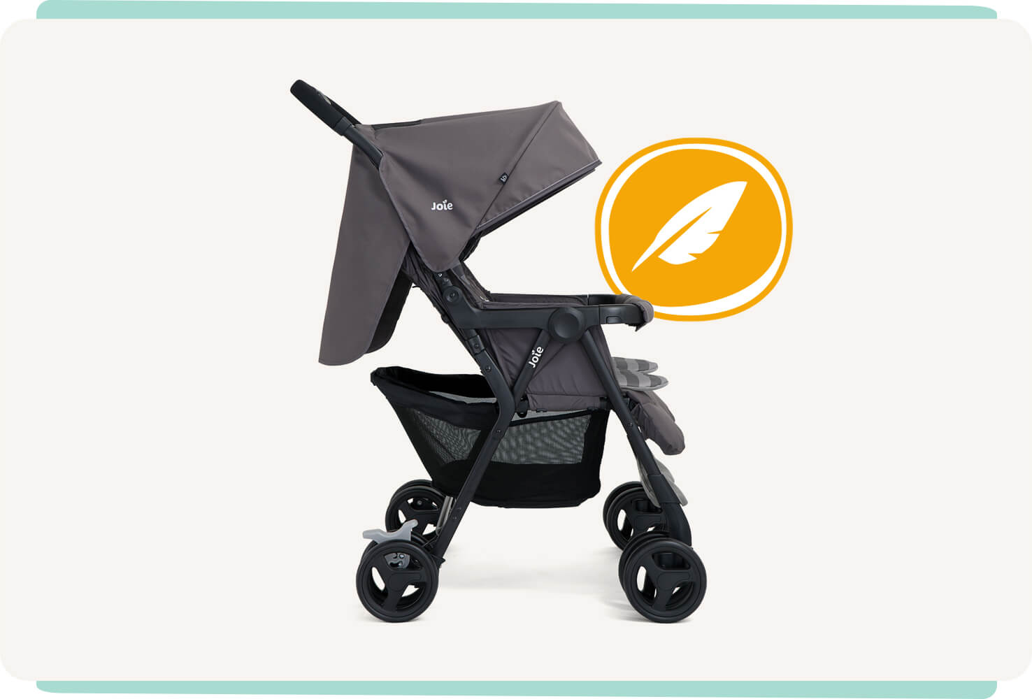 The Joie Aire Twin double stroller in light gray, in profile facing to the right, sitting next to an orange circle with a white outline and a white feather icon inside.