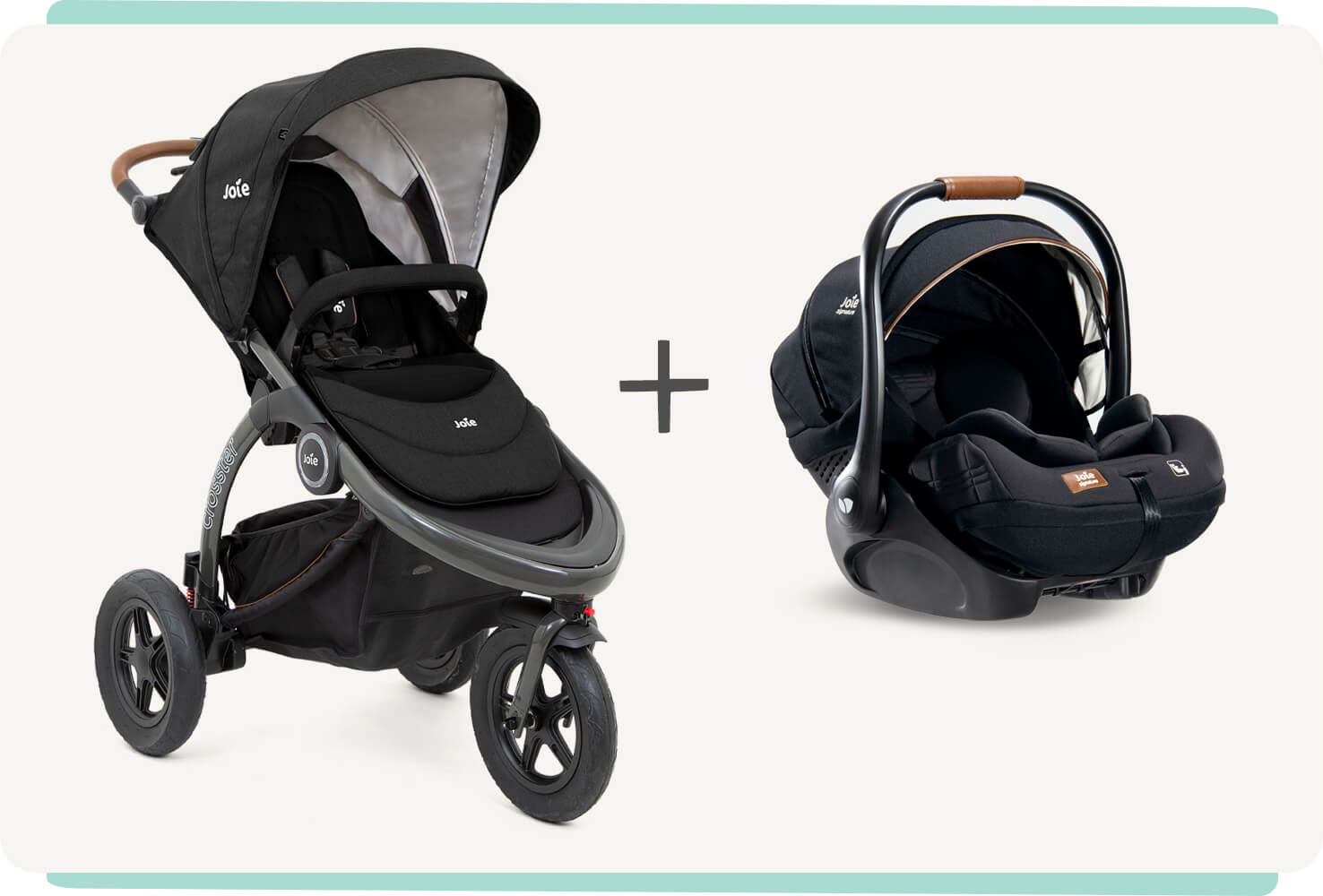 Joie Crosster in black and i-level infant carrier in black with a plus sign between them.