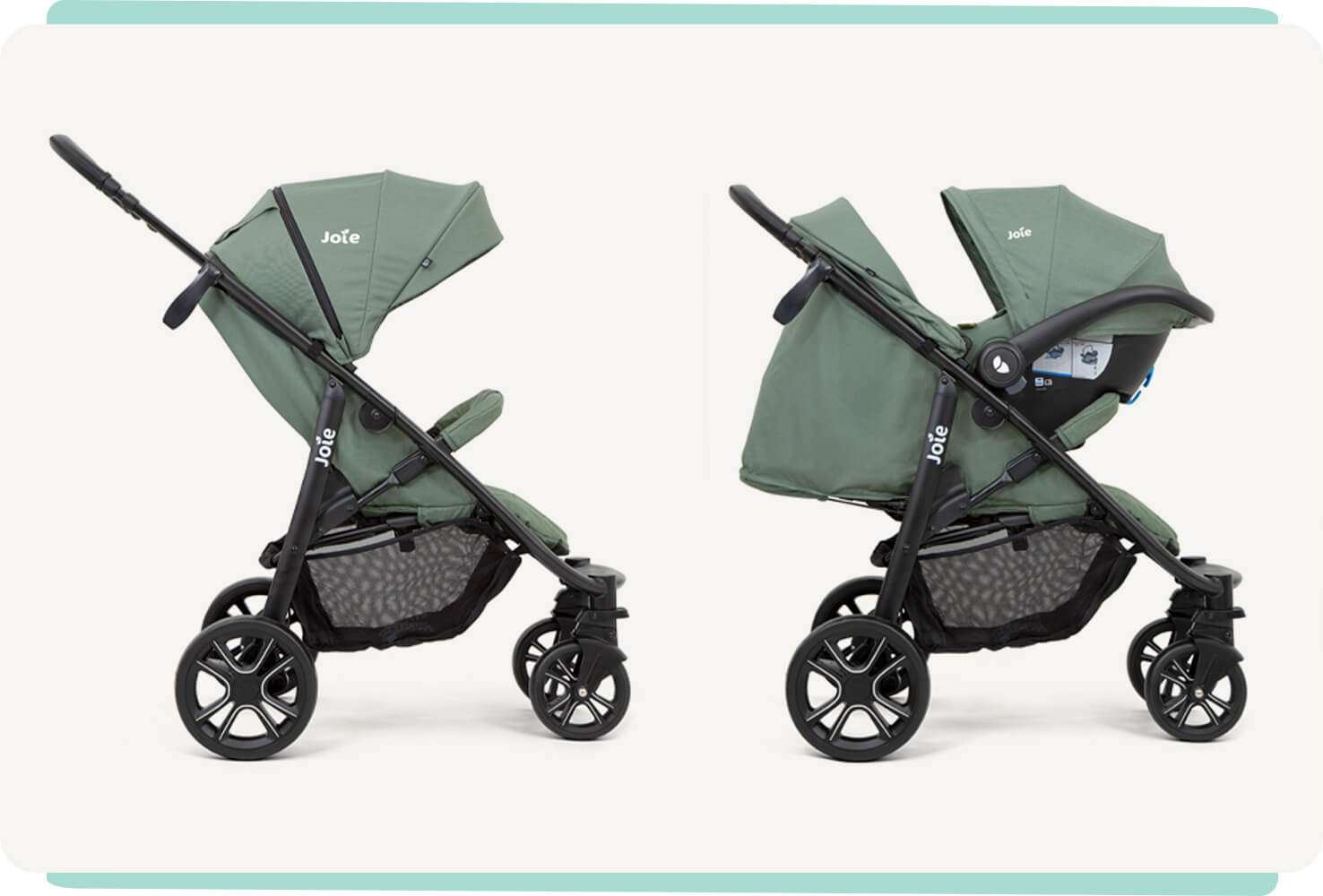 2 green litetrax 4 dlx strollers in profile showing the 2 modes of use: pushchair, infant car seat travel system.