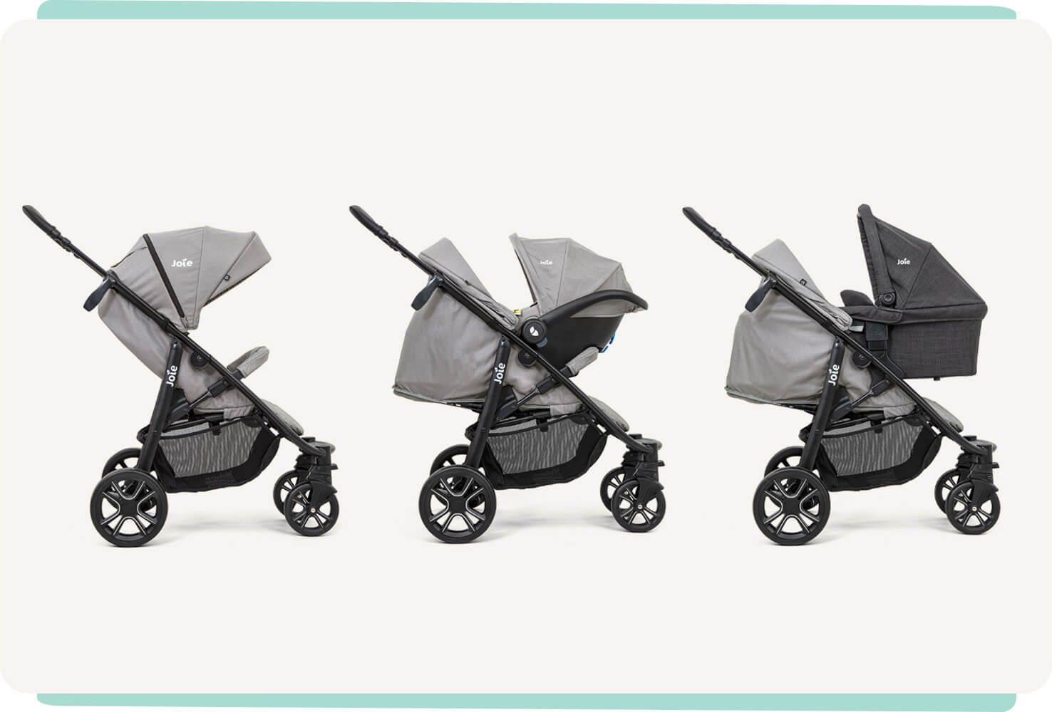  3 gray litetrax 4 dlx strollers in profile showing the 3 modes of use: pushchair, infant car seat travel system, and carry cot travel system.