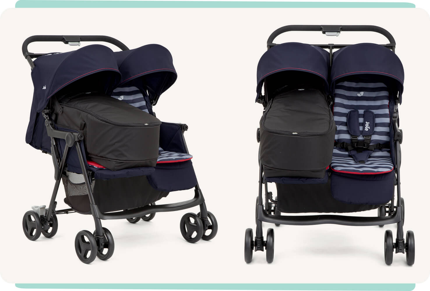 Two images of the aire twin stroller with the carry cot attached. One facing and angel to the right and one facing forward 

