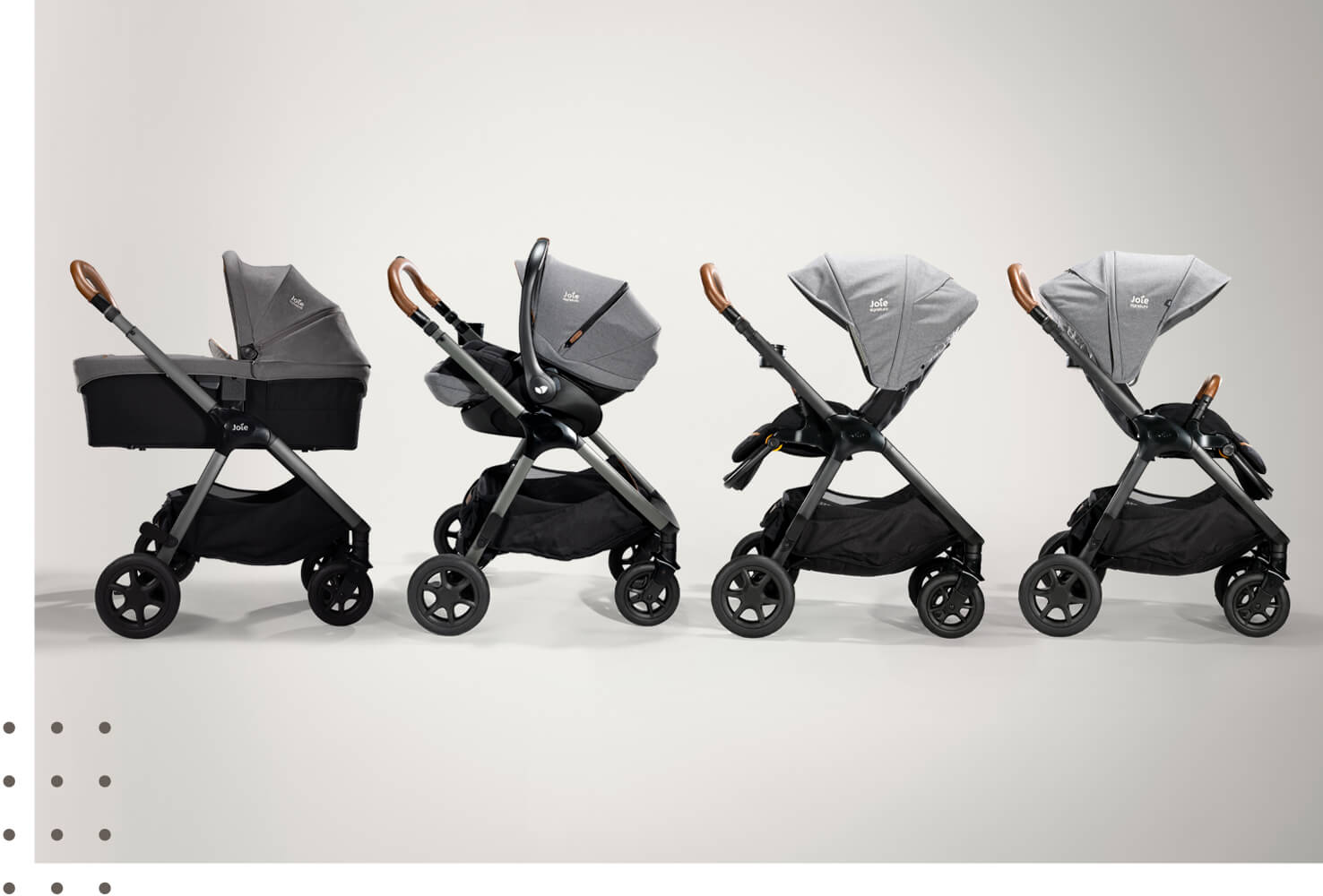 Joie finiti pram in light gray in its four modes; carry cot, infant carrier, parent facing and forward-facing seat.