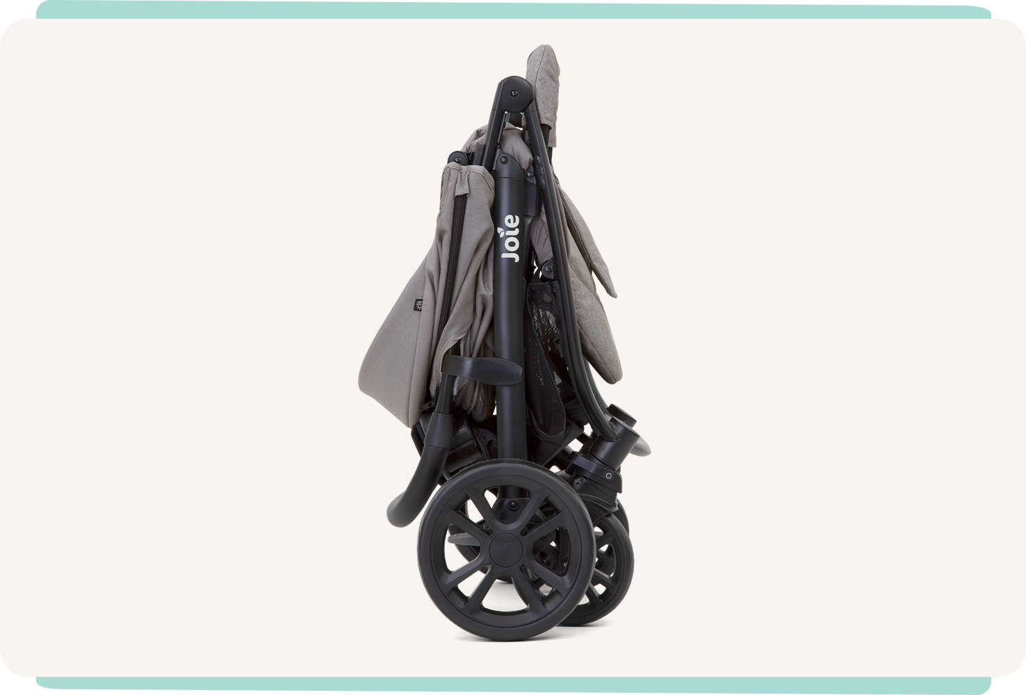 A black Joie Litetrax 4 stroller folded in profile. 