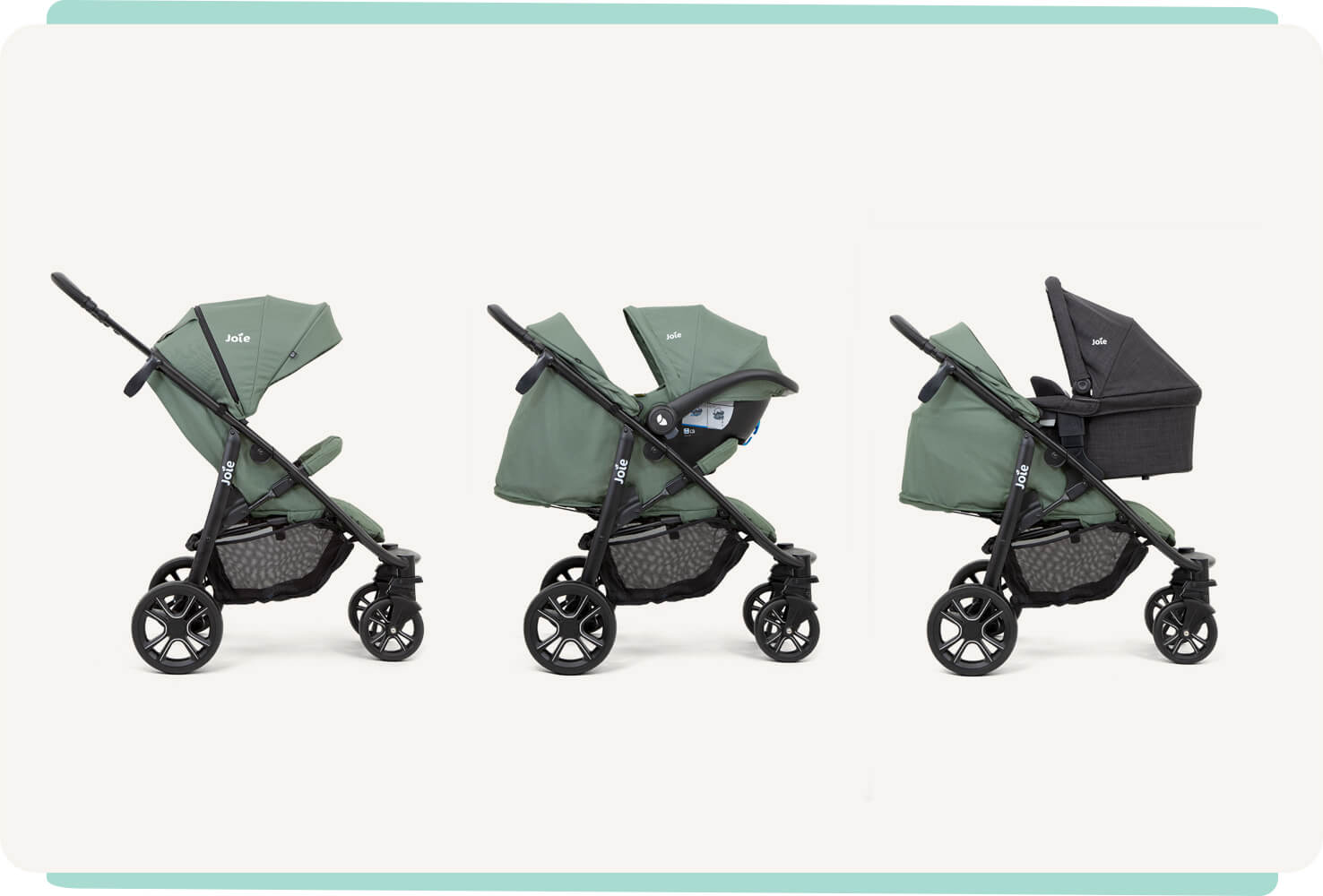 3 green litetrax 4 dlx strollers in profile showing the 3 modes of use: pushchair, infant car seat travel system, and carry cot travel system.