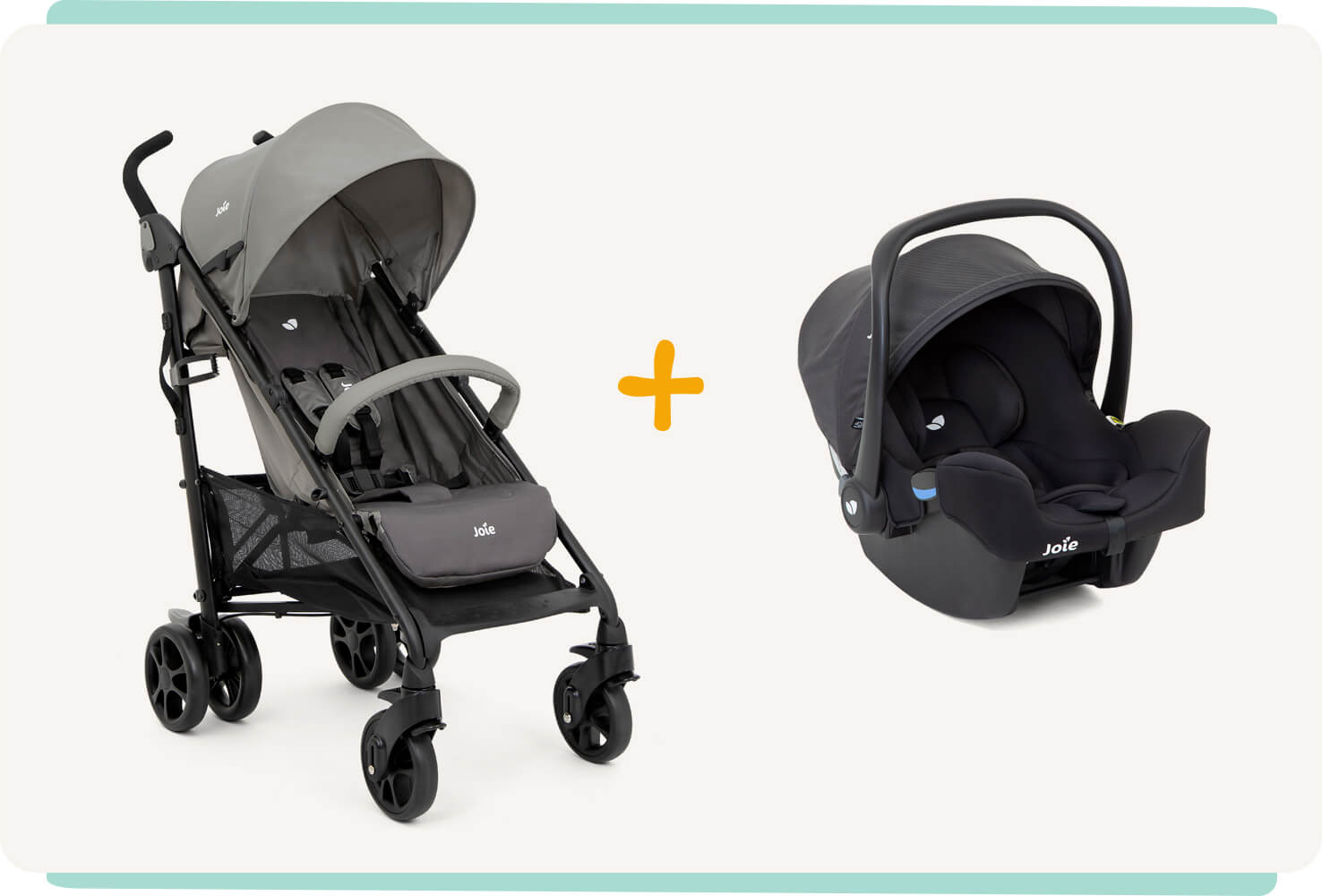  El cochecito Joie Brisk LX en dos tonos de gris, en ángulo orientado a la derecha, junto a una silla de coche infantil I-Snug negra, con una flecha naranja entre los dos.