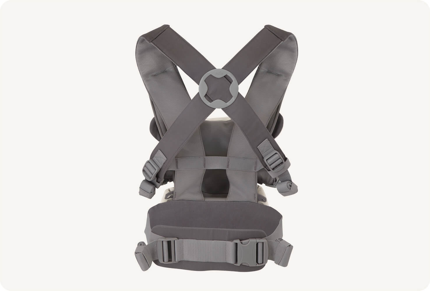 Un portabebés Joie Savvy Lite 3in1 gris de espaldas mostrando las correas para los hombros y la zona lumbar.