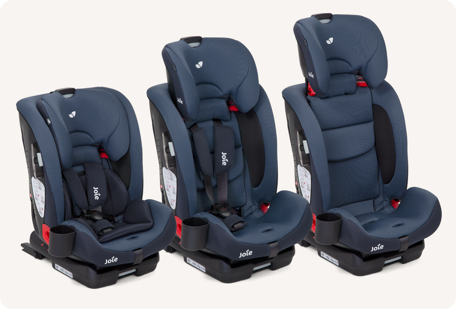 Three empty, dark blue Joie bold toddler car seats side-by-side showing the headrest at different height adjustments.