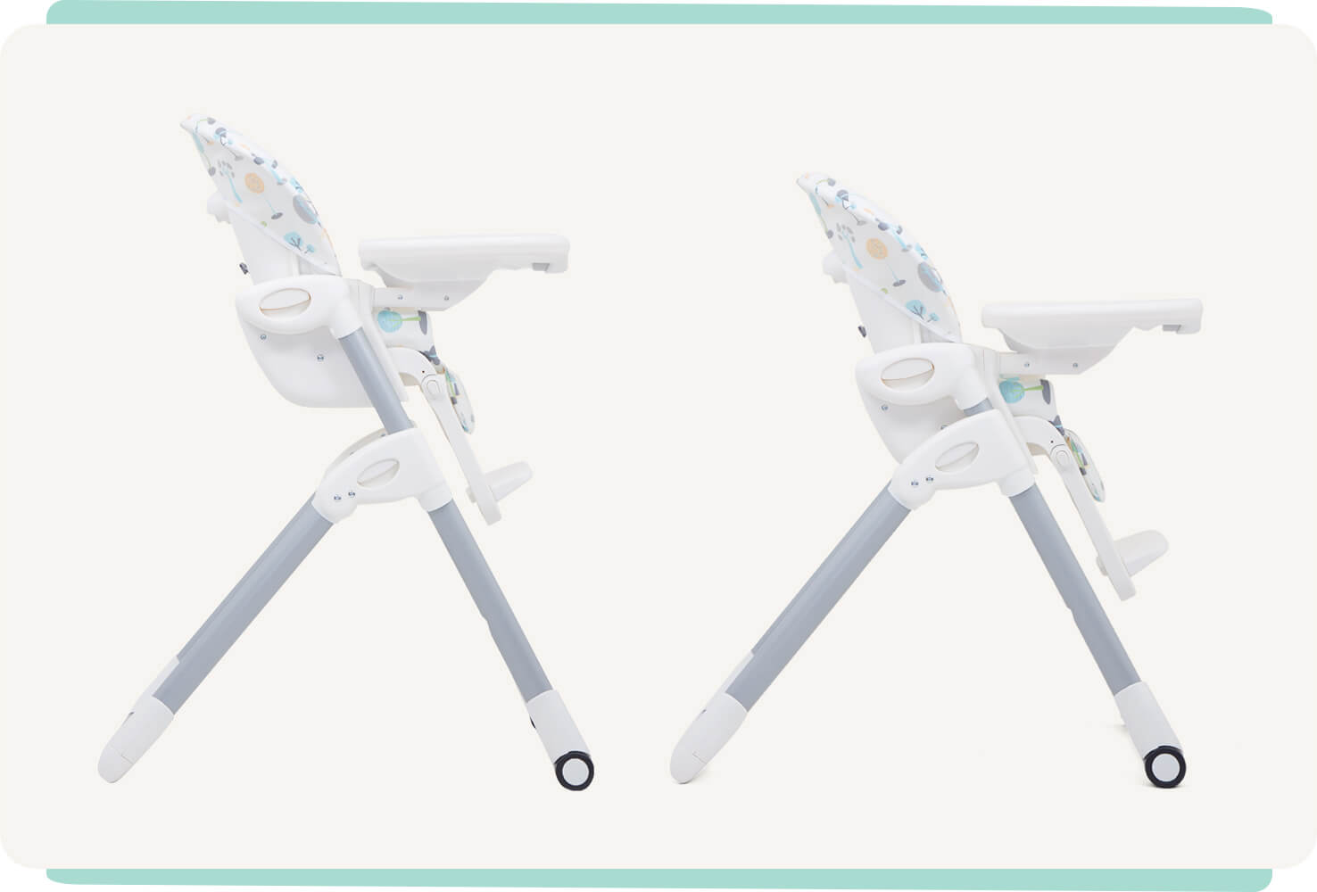  Two Joie mimzy highchairs from a side view in a multi-color print featuring illustrations of different trees with the seats at different heights.