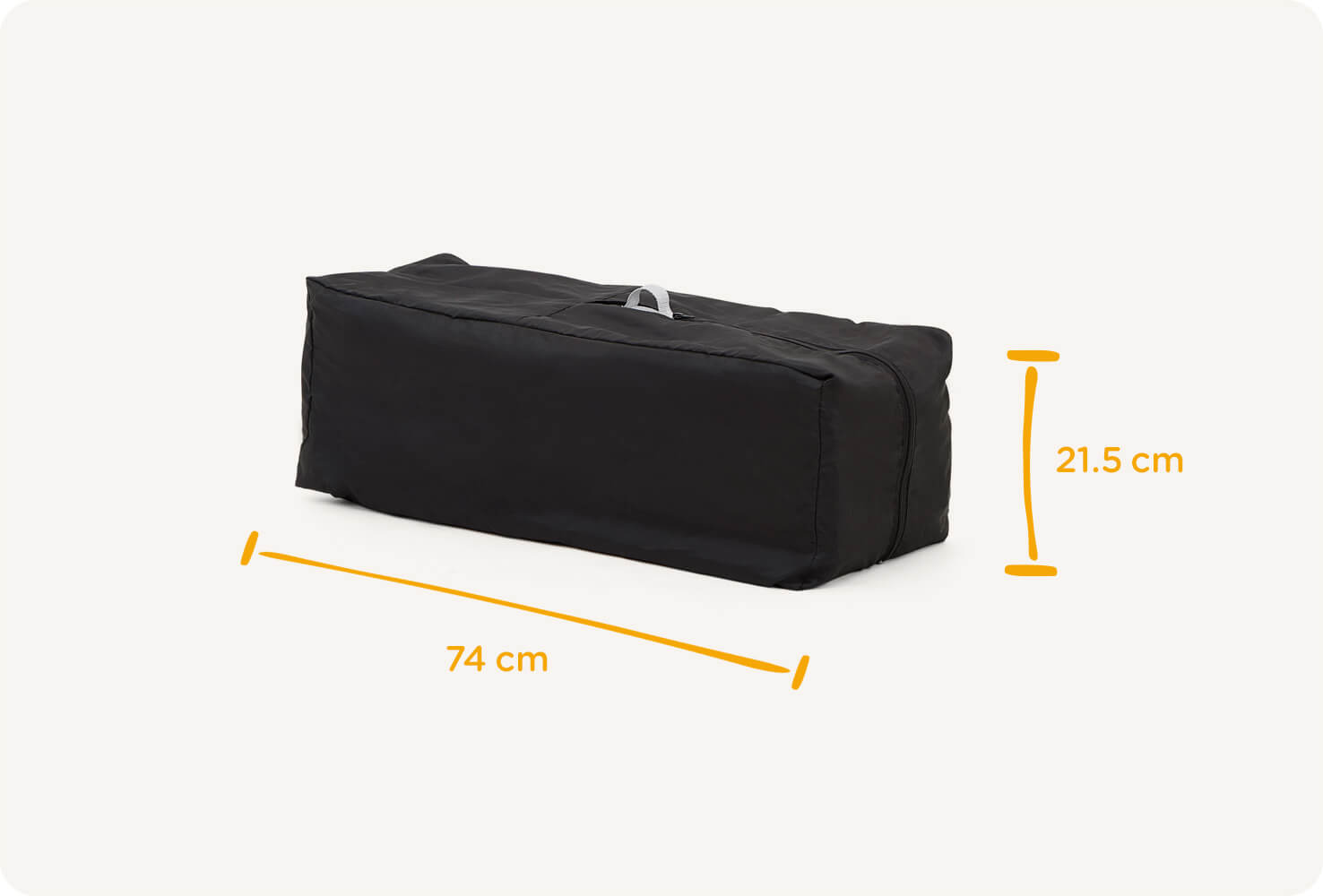 Folded Joie Kubbie travel cot with orange lines indicating the length is 80.5 cm and height is 25 cm.