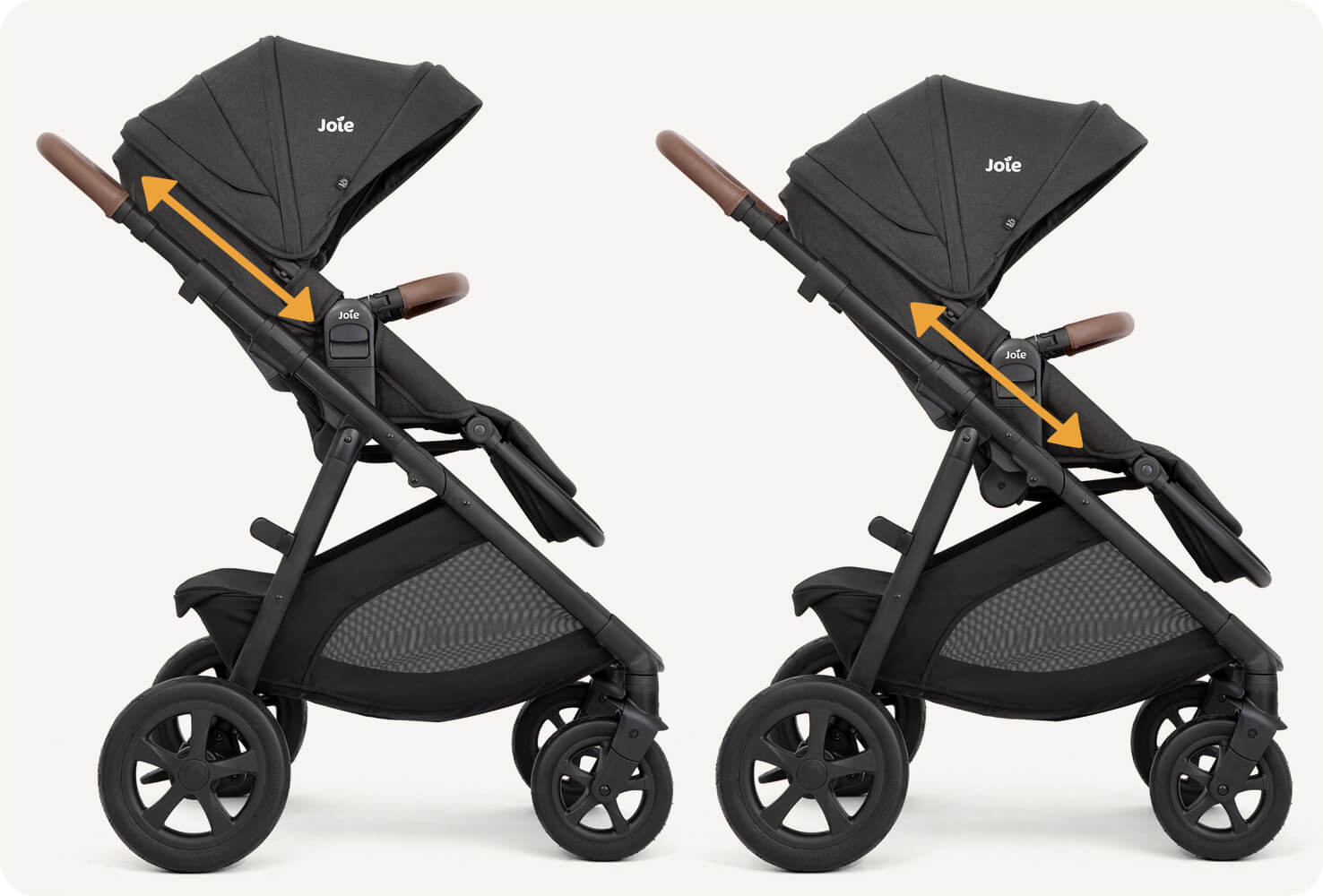 Two Joie alore strollers showing height adjustability with arrows 
