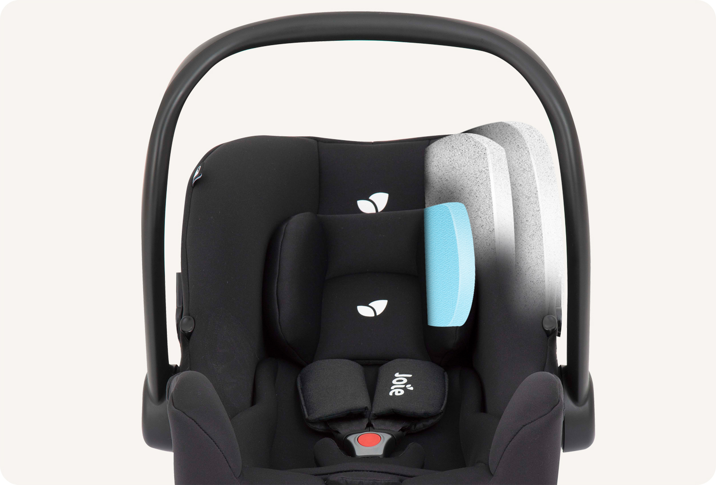 Siège auto pour bébé Joie I-snug, coloris noir deux tons, avec pare-soleil et poignée relevés, en position frontale.