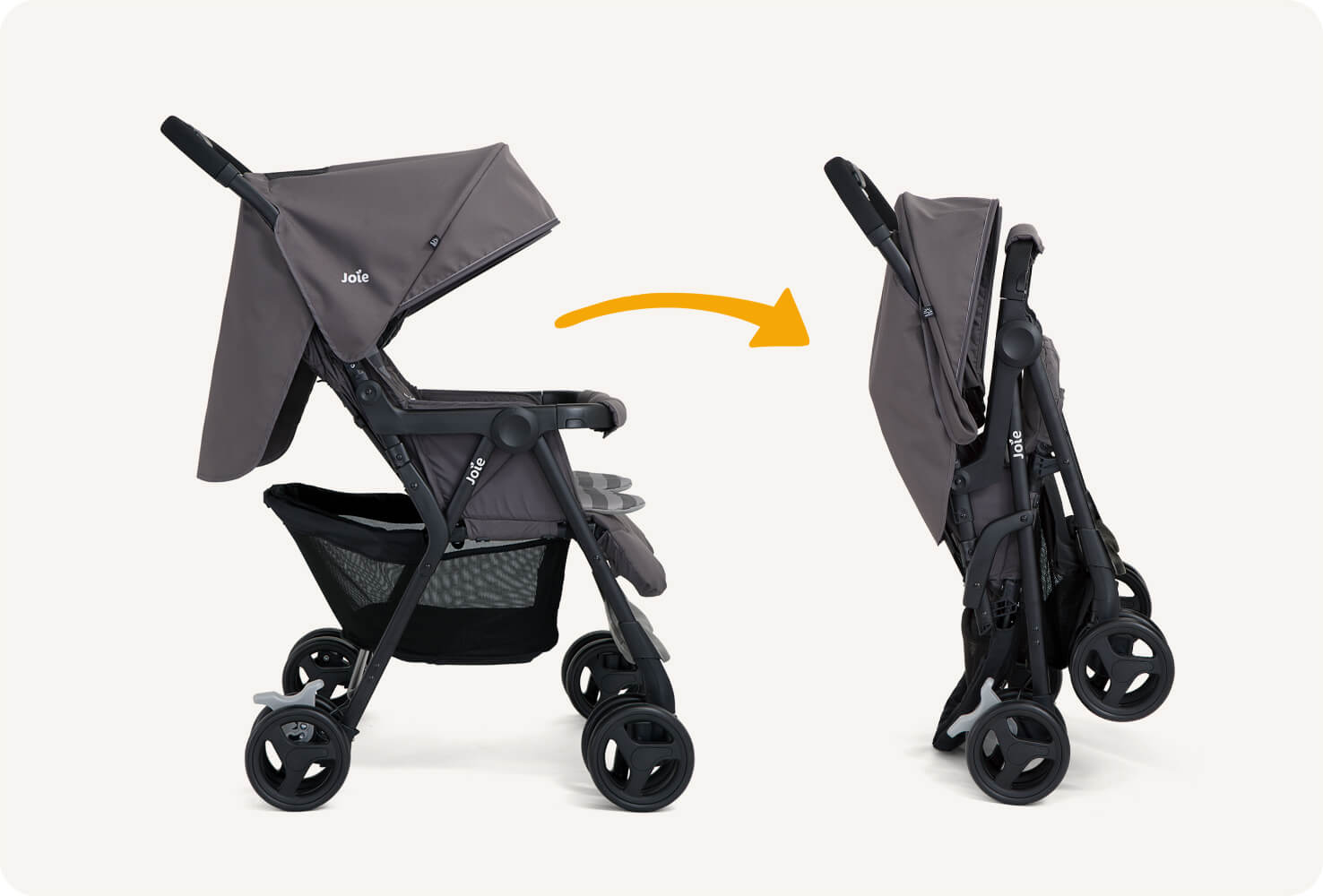 Two light gray Joie Aire Twin double strollers side by side in profile facing to the right: the stroller on the left is open and the stroller on the right is folded, with an orange arrow pointing from the left to the right.