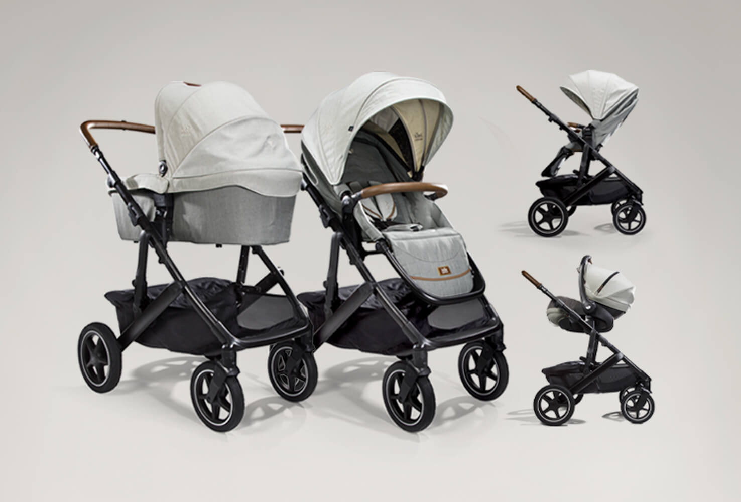 El carrito Vinca visto en sus cuatro modos: capazo, portabebés, orientado hacia delante y hacia los padres.