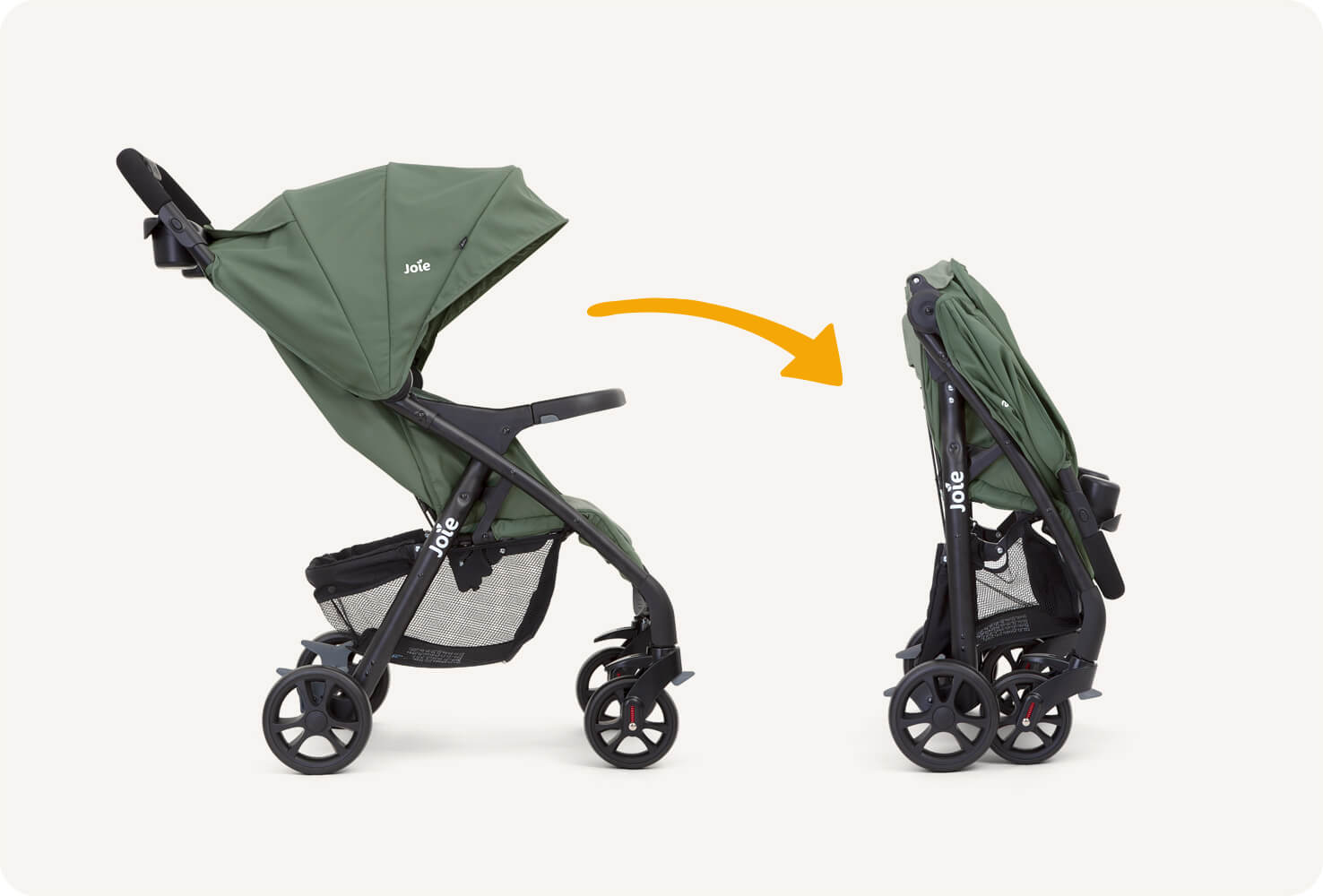 Seitenprofil des hellgrünen muze lx Kinderwagens von Joie neben dem zusammengeklappten hellgrünen muze lx Kinderwagen von Joie.