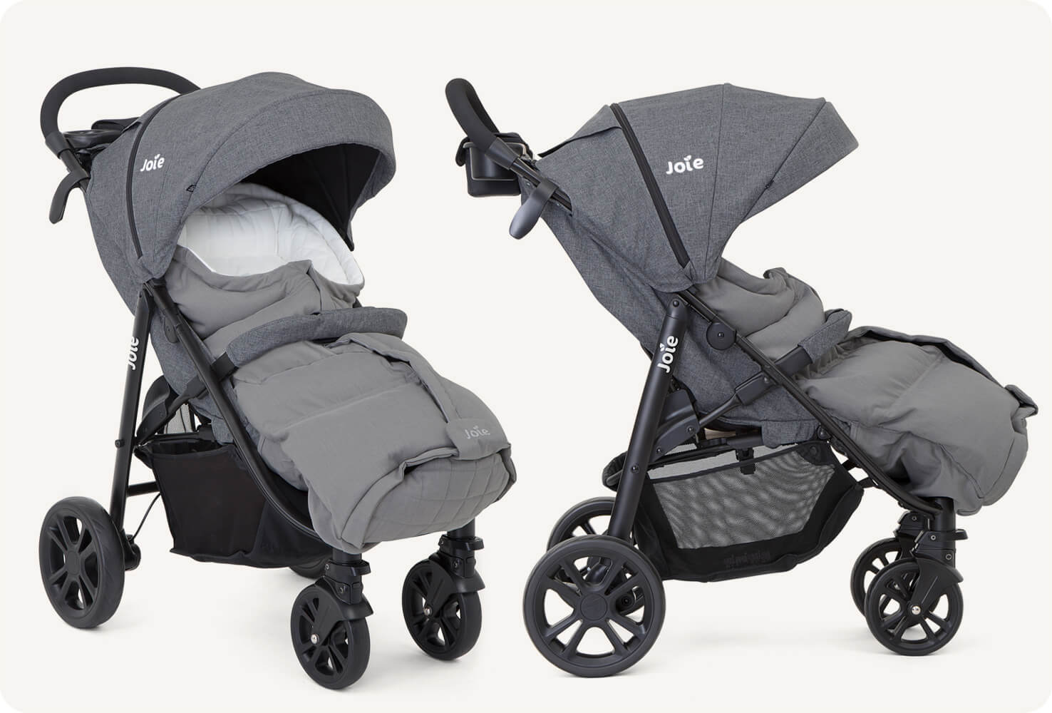 Two Joie strollers with a Therma on each showing a right angle and a side view. 