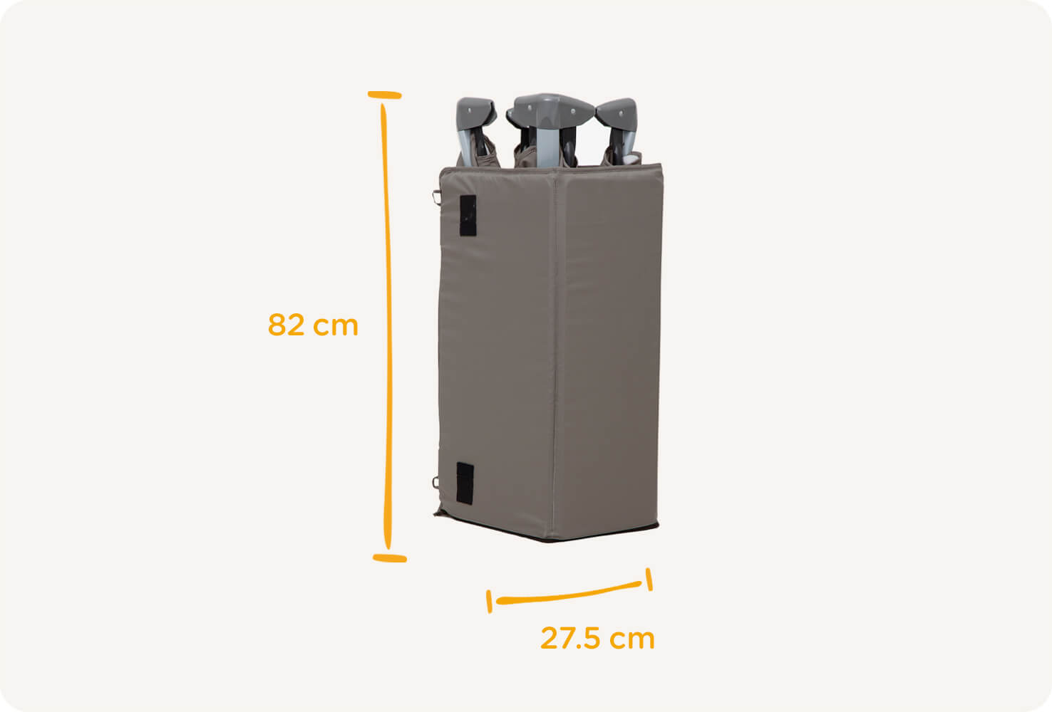  The Joie travel cot illusion in dark gray folded, with illustrations to indicate measurements of 82cm high and 27.5cm wide.