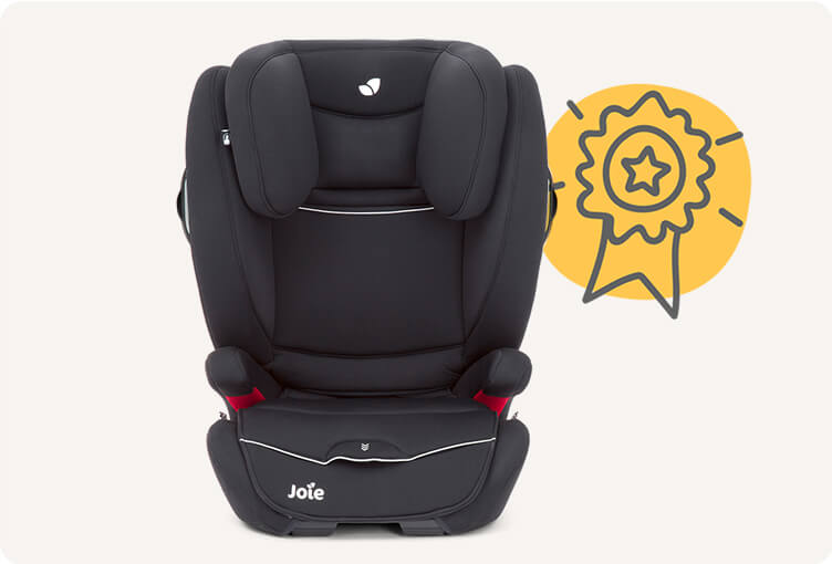   A black Transcend booster car seat facing straight on with an orange award ribbon icon beside the seat.
