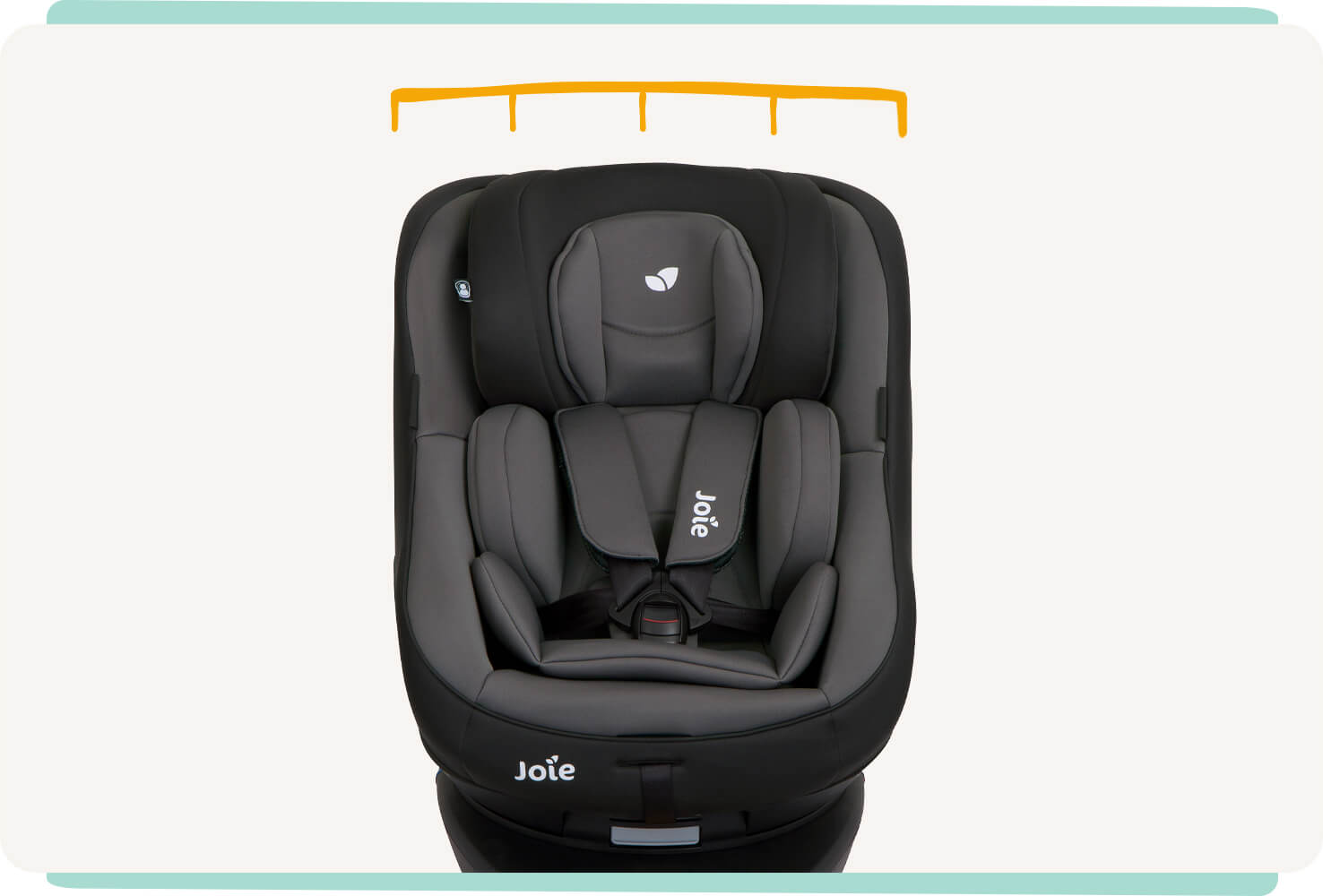  Joie spin 360 car seat in gray and black straight on with ruler icon above the seat. 