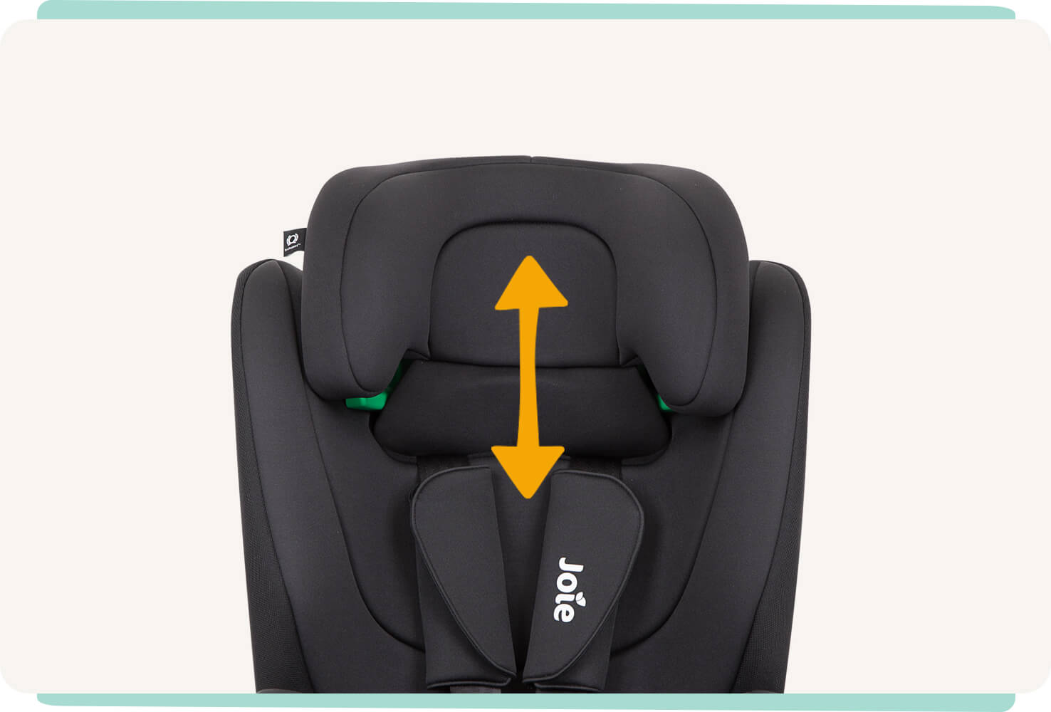 Zoomed in on Joie elevate R129’s headrest with arrow pointing up and down. 