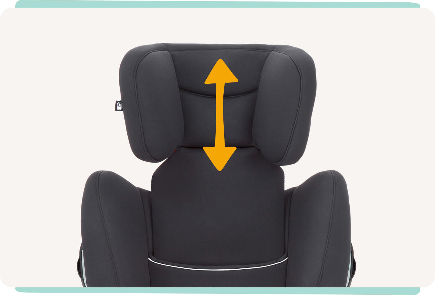Closeup on Transcend booster car seat headrest with an orange arrow indicating the height adjustment.