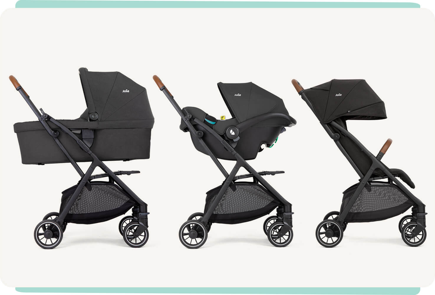 3 strollers, 1 with a carry cot and one with a infant carrier on it 
