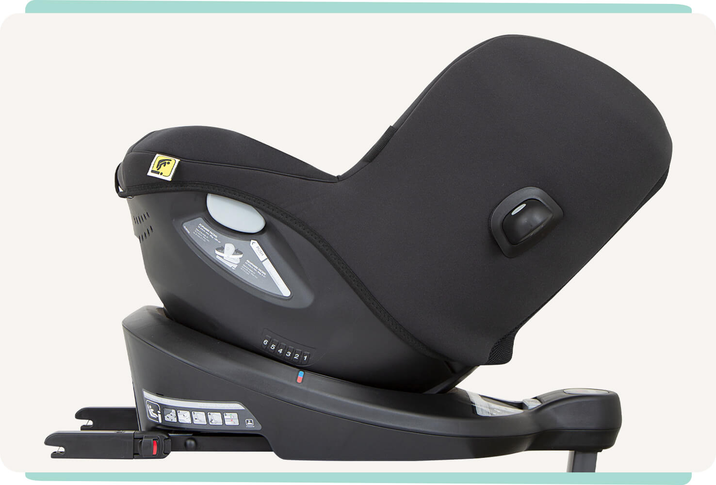 Joie I-Spin 360 R spinning car seat in black in profile facing to the left and fully reclined.
