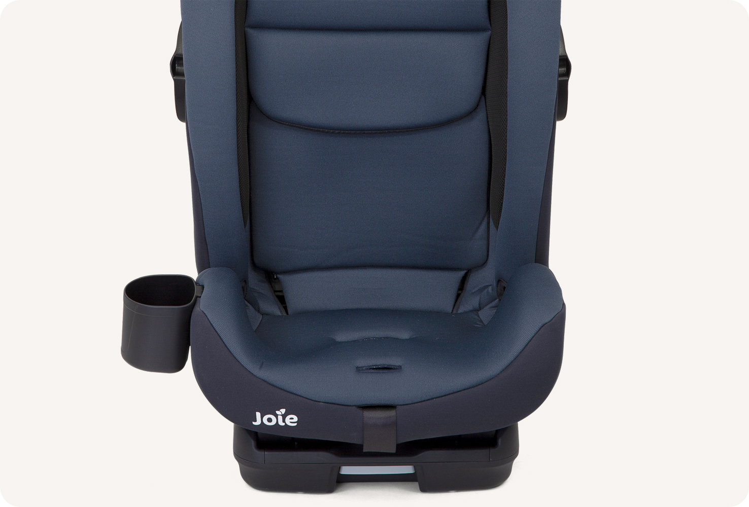 Close-up of the lower half of a dark blue Joie bold toddler car seat to show the attached cup holder.