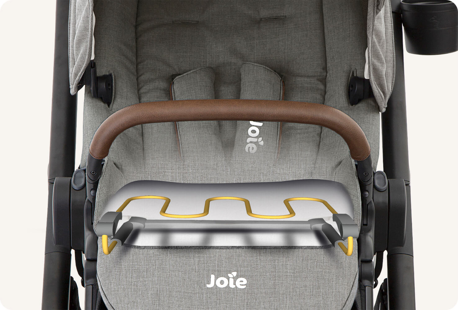 Zoomed in view of the seat on a Joie versatrax pram. 

