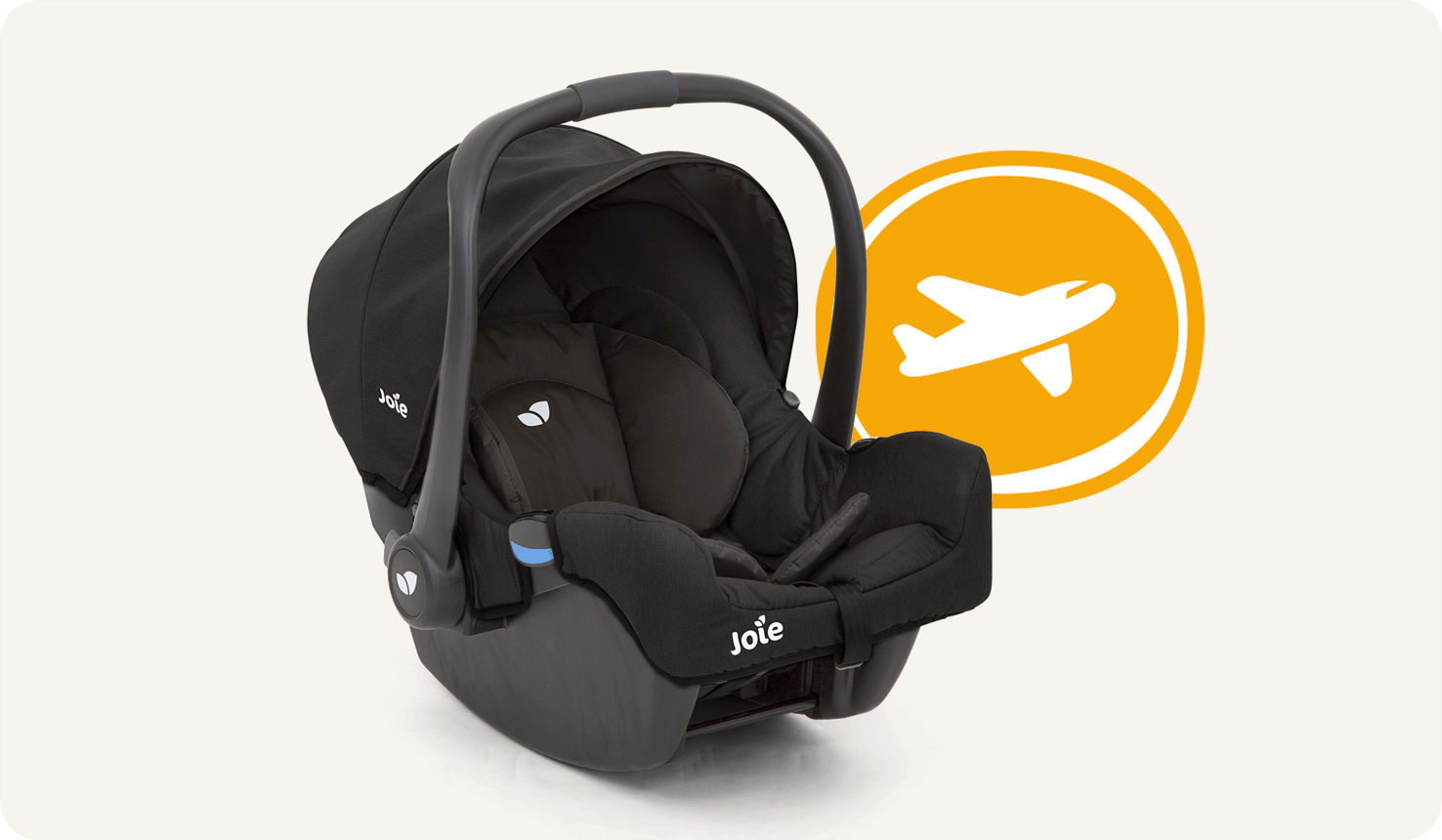 Vue à angle droit du siège auto pour bébé Joie gemm, coloris noir, avec icône représentant un avion à côté.