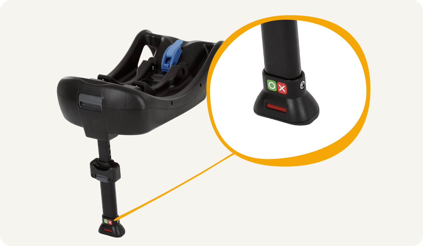 Socle pour siège auto Joie clickFIT vue en angle, avec gros plan sur l’indicateur d’installation de la jambe de force.