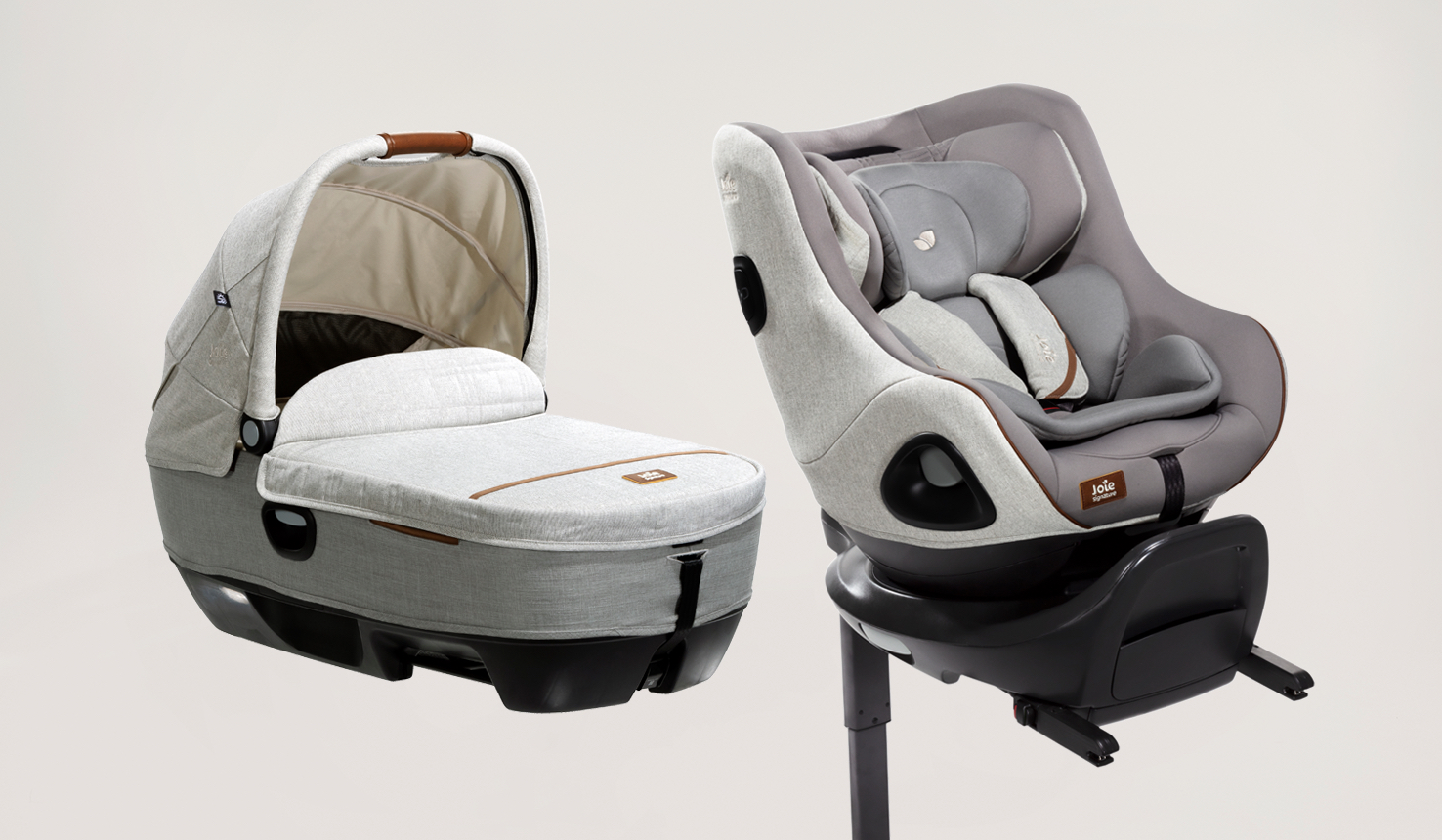 Gray Calmi R129 car cot beside a gray I-Harbour toddler seat.