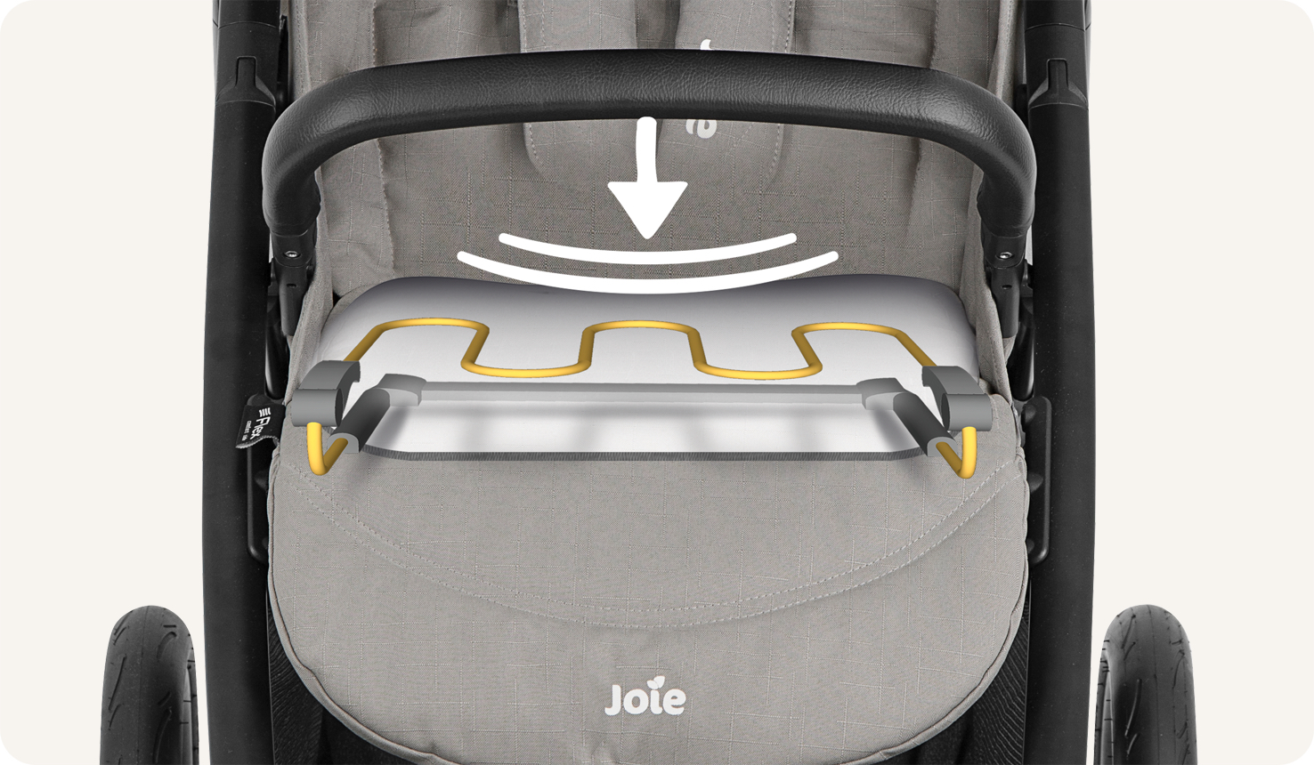 Joie litetrax pro air stoller in gray close-up of seat with animation of flex spring. 