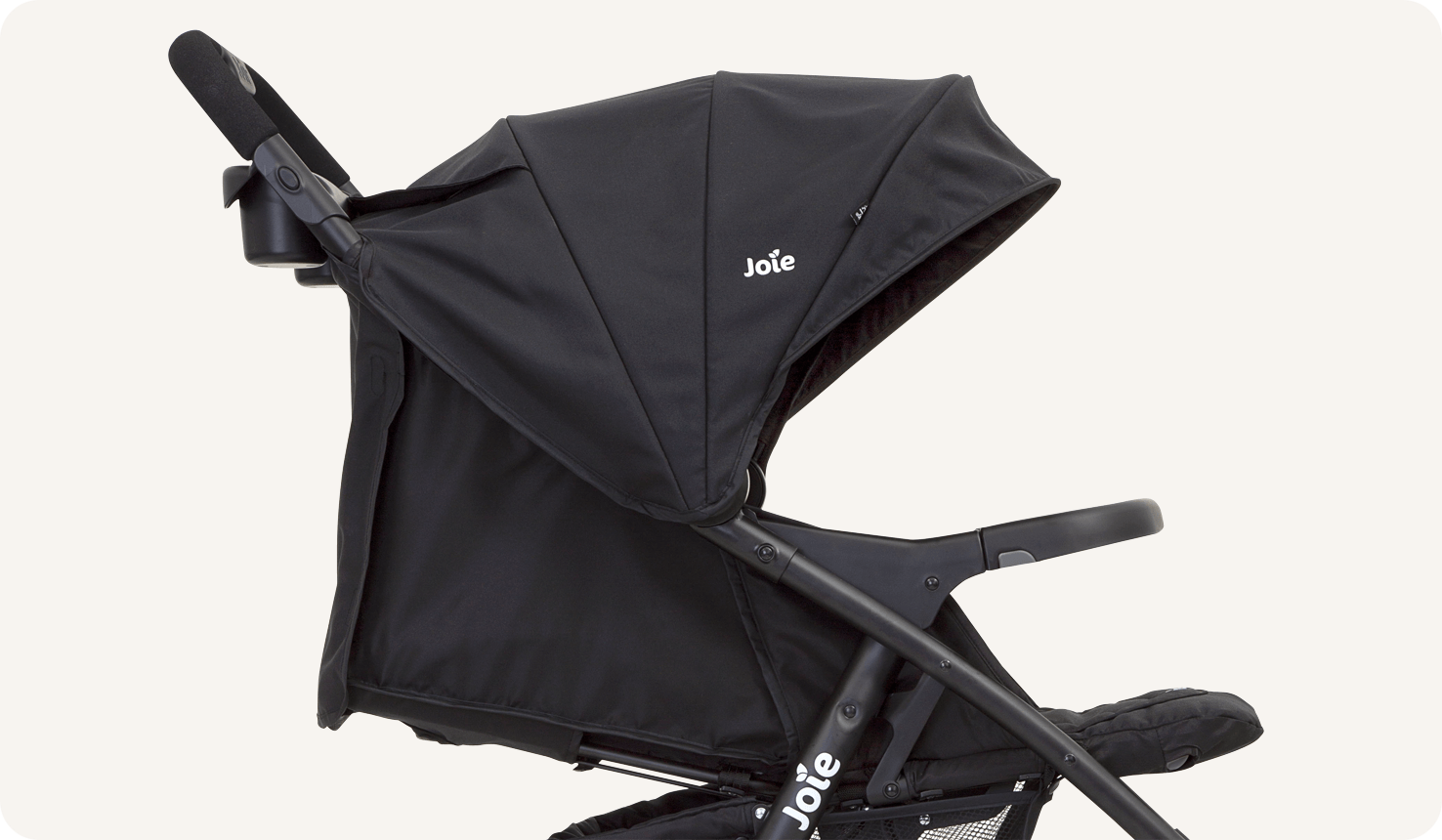   Side profile zoomed in on Joie black muze lx stroller.