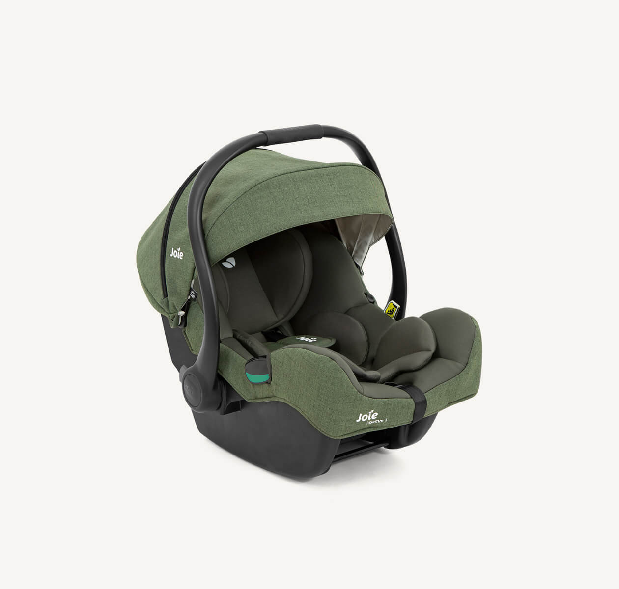 Joie I-gemm3 baby car seat in dark green positioned at a right angle.