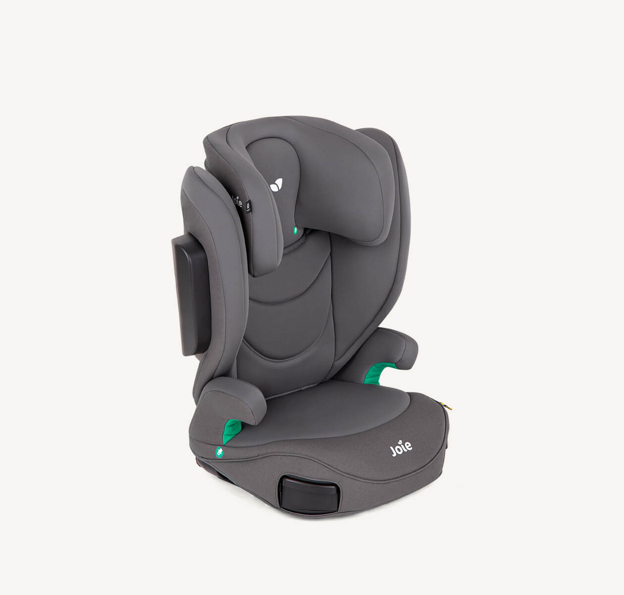 Gray i-Trillo FX  high back booster seat facing to the right at a 45 degree angle with the headrest in the lowest position.